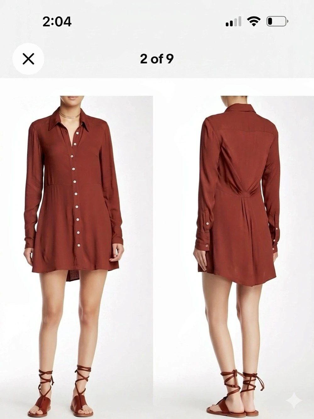 Free People Long Sleeve Mini Shirt Dress Chocolate Brown Size XS